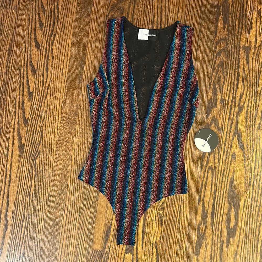 DAY & NIGHT Metallic Rainbow Striped V-Neck Bodysuit